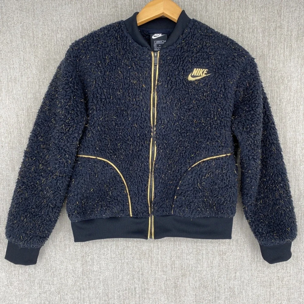 Nike Sportswear Sherpa Fleece Bomber Jacket XL Black Gold Sparkle Full Zip